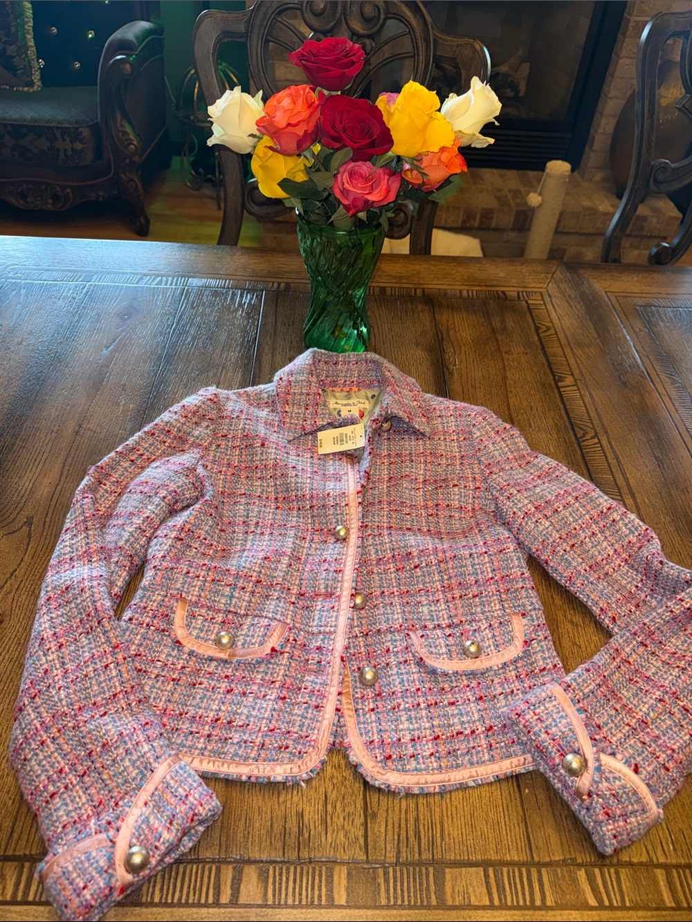 Abercrombie & Fitch Cropped Jackie O Pink Boucle Tweed Blazer Y2K 2004